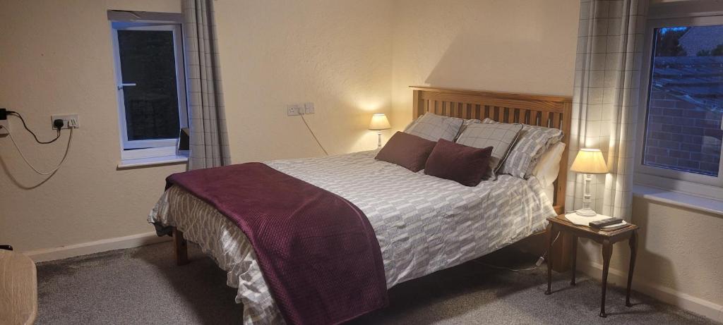 a bedroom with a bed with pillows and two windows at Bed and Breakfast Ashfield in Pocklington