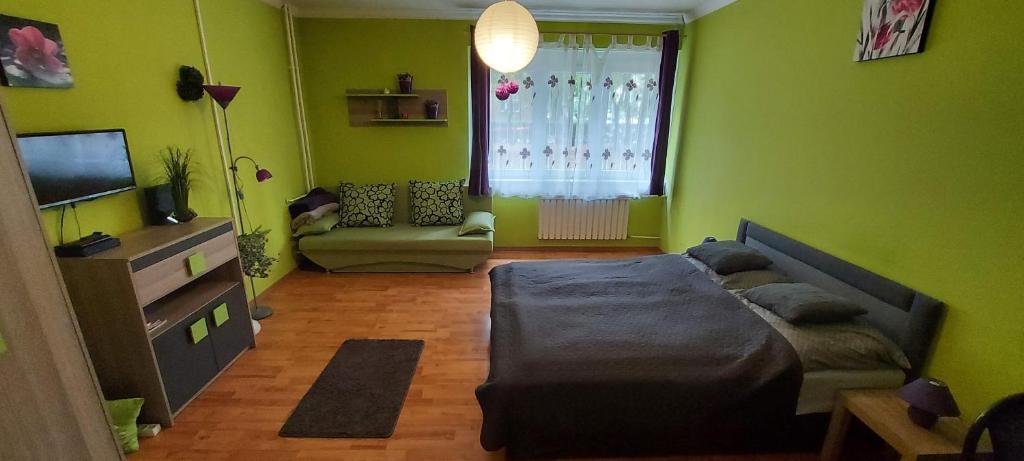 a green room with a bed and a television at Greenapartman in Budapest