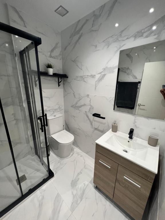 a bathroom with a sink and a toilet and a mirror at Luxury Estudio Malaga Centro in Málaga