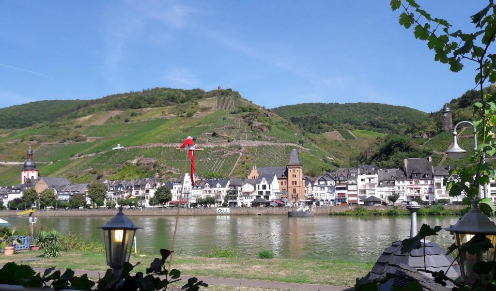 a view of a town with a hill in the background at Ferienwohnung Roter Riesling in Zell an der Mosel