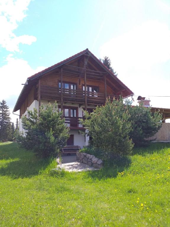 a log house with two trees in front of it at Alpesi kulcsos ház in Izvoru Mureşului