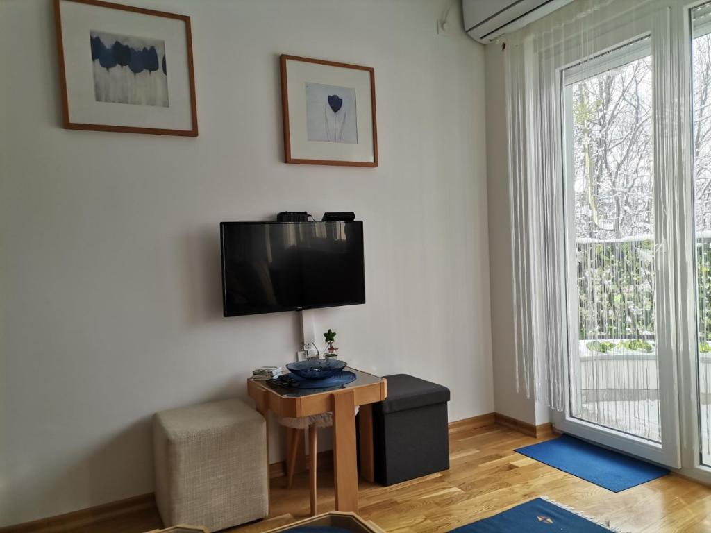 a living room with a television and a table with a chair at Vidikovac in Vrnjačka Banja