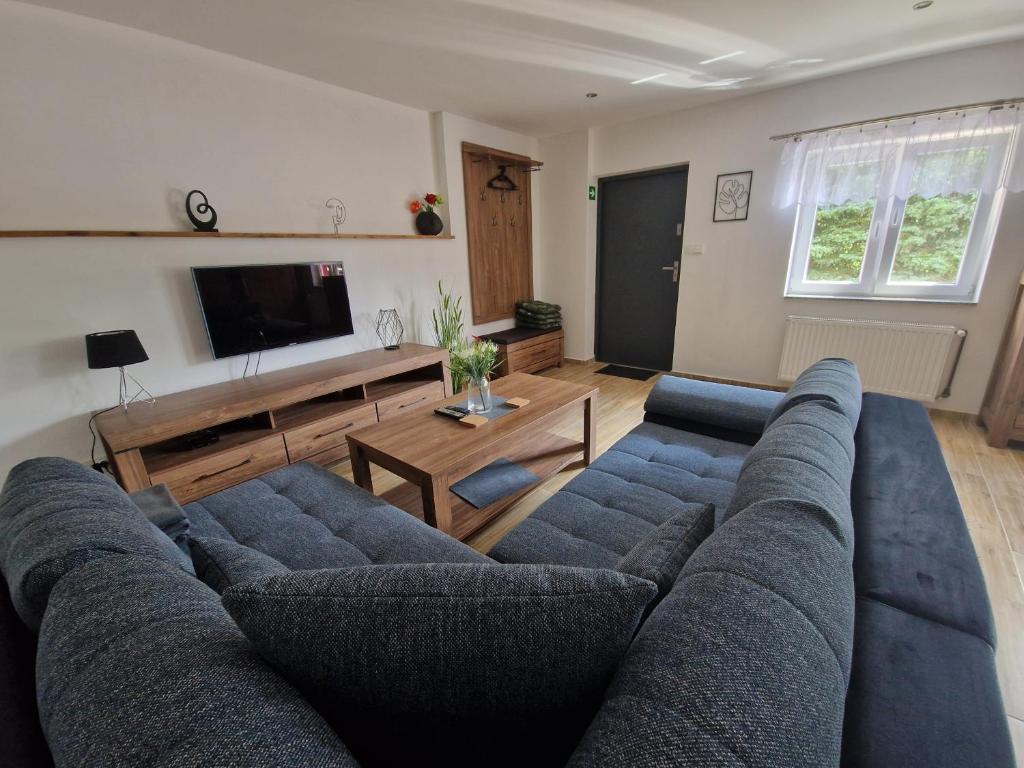 a living room with a couch and a table at Apartmán U Matěje in Nové Město pod Smrkem