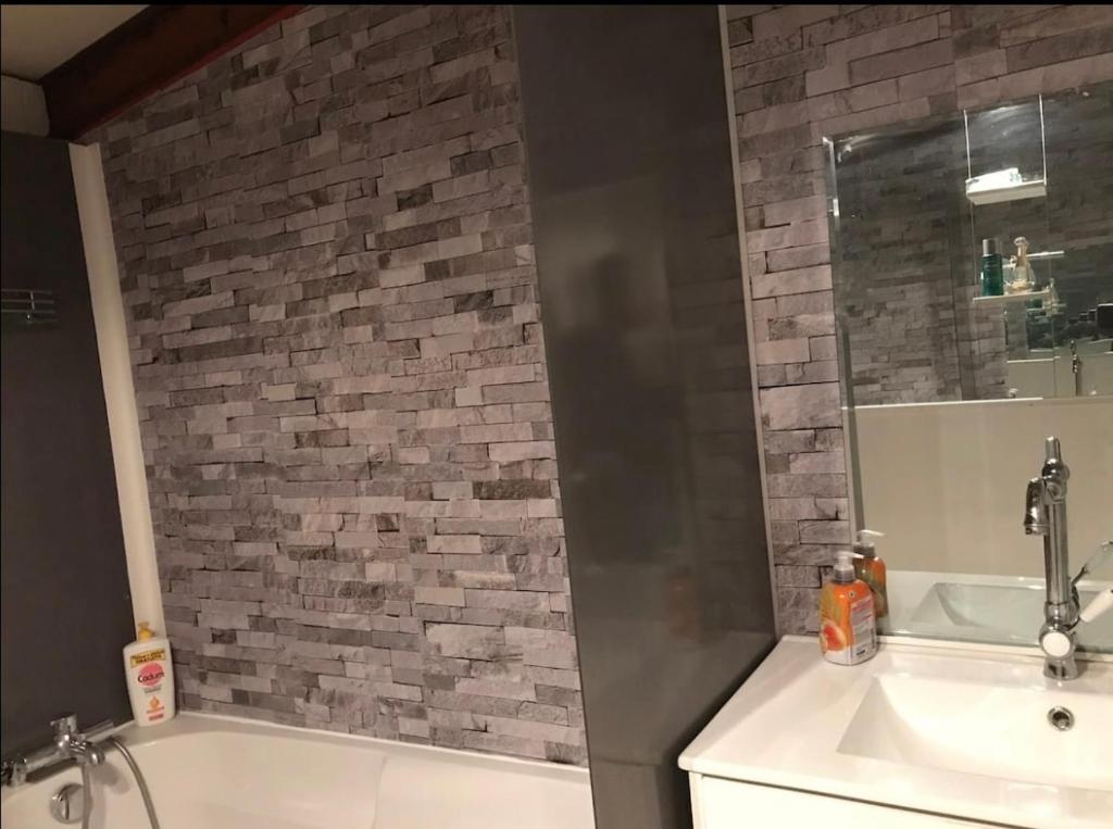 ein Badezimmer mit einer Badewanne, einem Waschbecken und einem Spiegel in der Unterkunft Treacy’s résidence in Morez