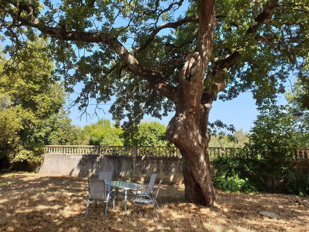 una mesa y sillas sentadas bajo un árbol en Vila Pasiphae, en Arménoi