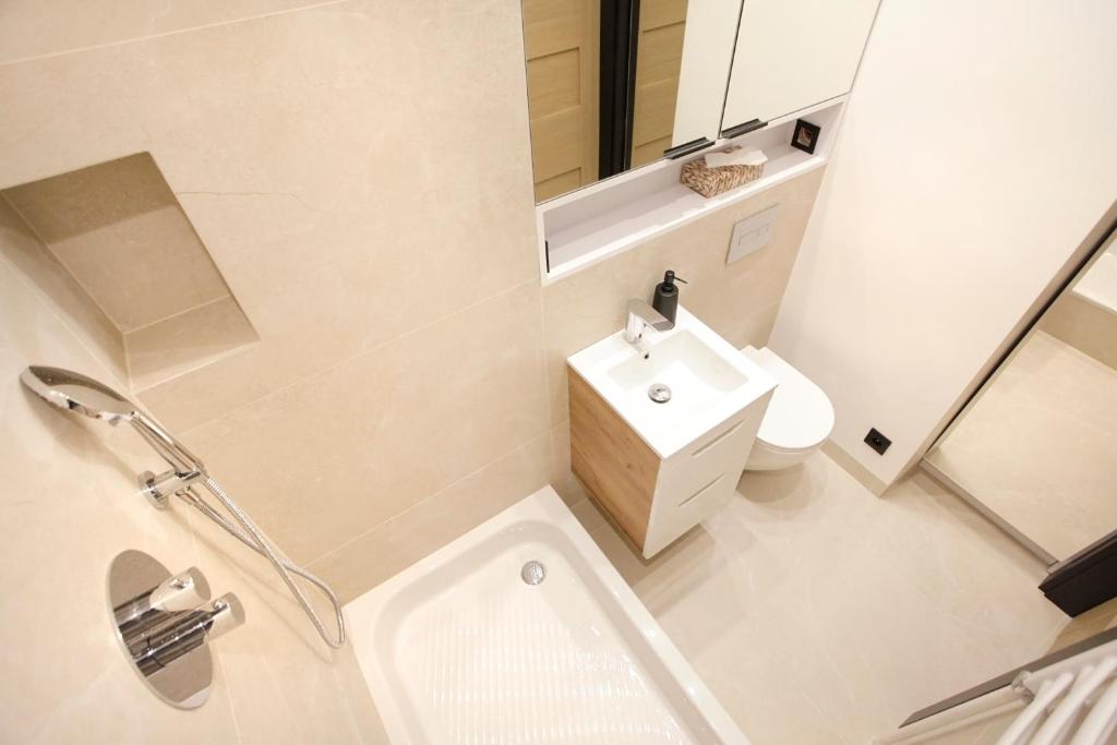 łazienka z umywalką, toaletą i lustrem w obiekcie Apartament Ada w mieście Sopot