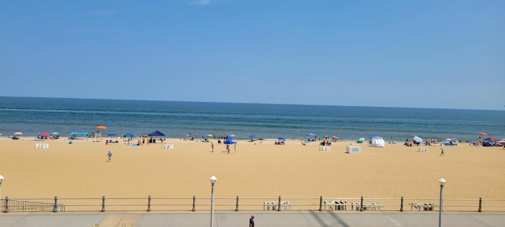 a group of people on a beach with the ocean at Oceanfront beach, sky, & dolphins in Virginia Beach