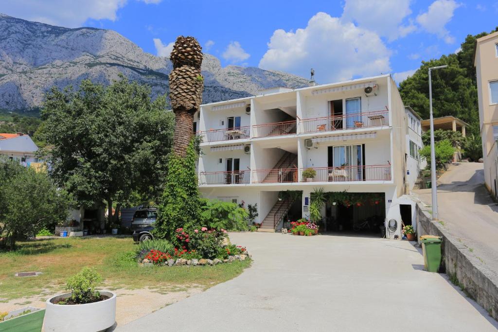 a building with a palm tree with mountains in the background at Studio Tucepi 6695a in Tučepi