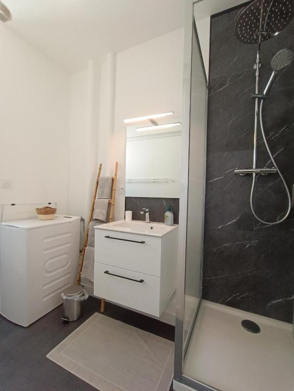 a bathroom with a white sink and a shower at L&#39;Atelier d&#39;Oscar in Le Havre