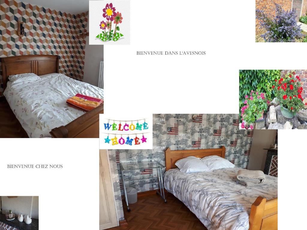 Ένα ή περισσότερα κρεβάτια σε δωμάτιο στο DEUX CHAMBRES DANS UNE MAISON INDIVIDUELLE AU COEUR De L AVESNOIS