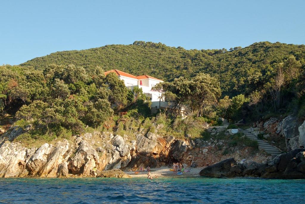 a house on a hill next to the water at Apartments by the sea Kozarica, Mljet - 4950 in Kozarica