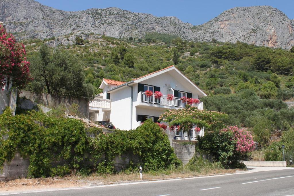 uma casa ao lado de uma estrada com uma montanha em Apartments by the sea Brist, Makarska - 6813 em Brist