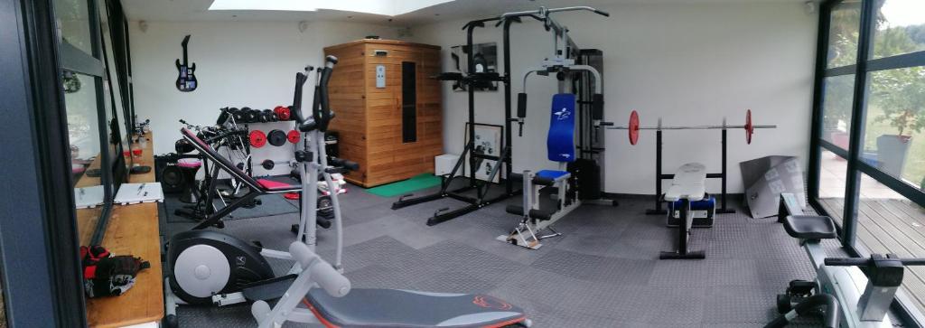 Posilňovňa alebo fitness centrum v ubytovaní Charmant logis neuf équipé/Piscine/SPA/Sauna/Gym