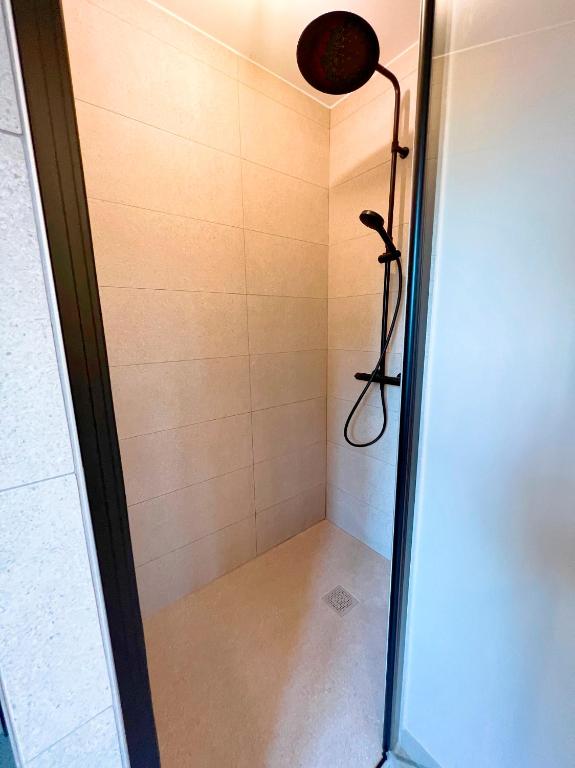 a shower with a glass door in a bathroom at Bienvenue au Mas du Roulier, villa provençale avec vue hypnotique sur la chaine des Puys in Thiers