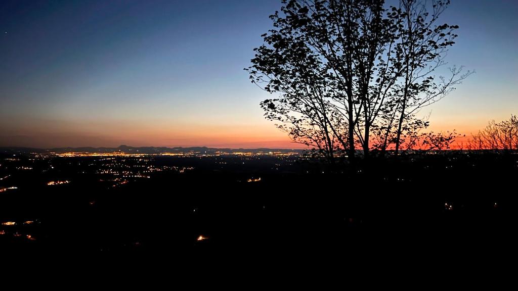 a tree on a hill with the sunset in the background at Bienvenue au Mas du Roulier, villa provençale avec vue hypnotique sur la chaine des Puys in Thiers