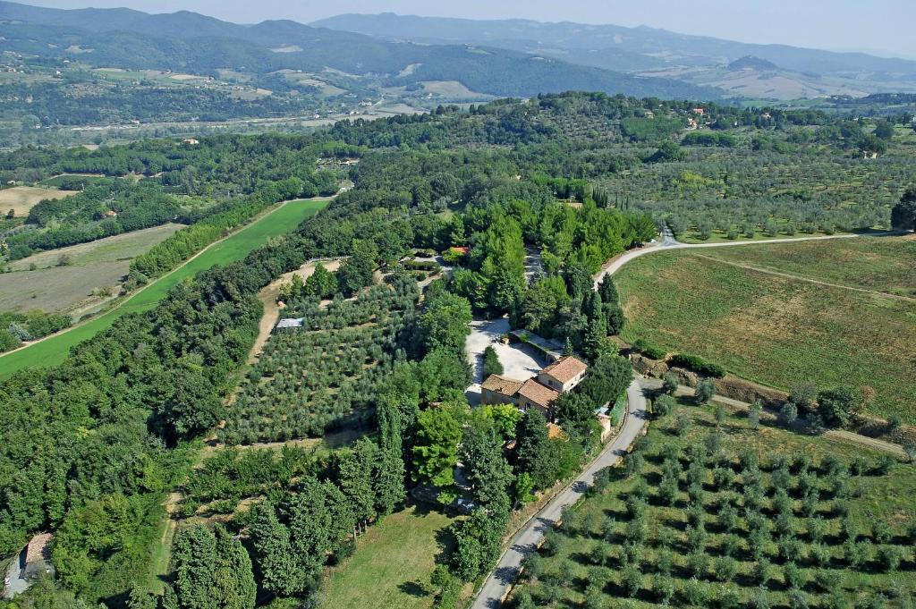 an aerial view of a farm with trees and a road at Agriturismo Fattoria La Prugnola in Montescudaio