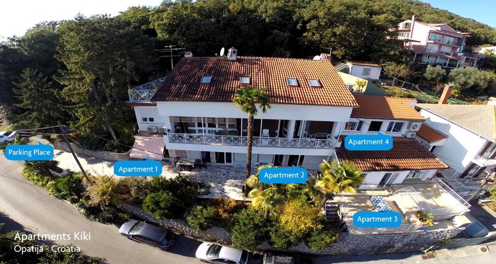 an aerial view of a house with street names at Apartments Kiki in Opatija