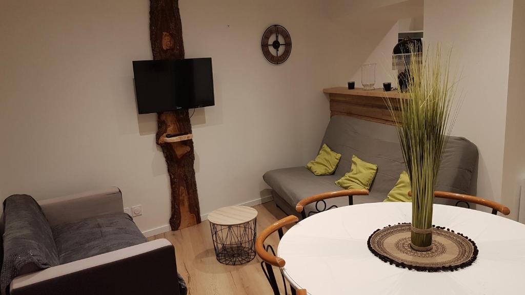 een woonkamer met een tafel en een bank bij Chez Mélissa in Millau