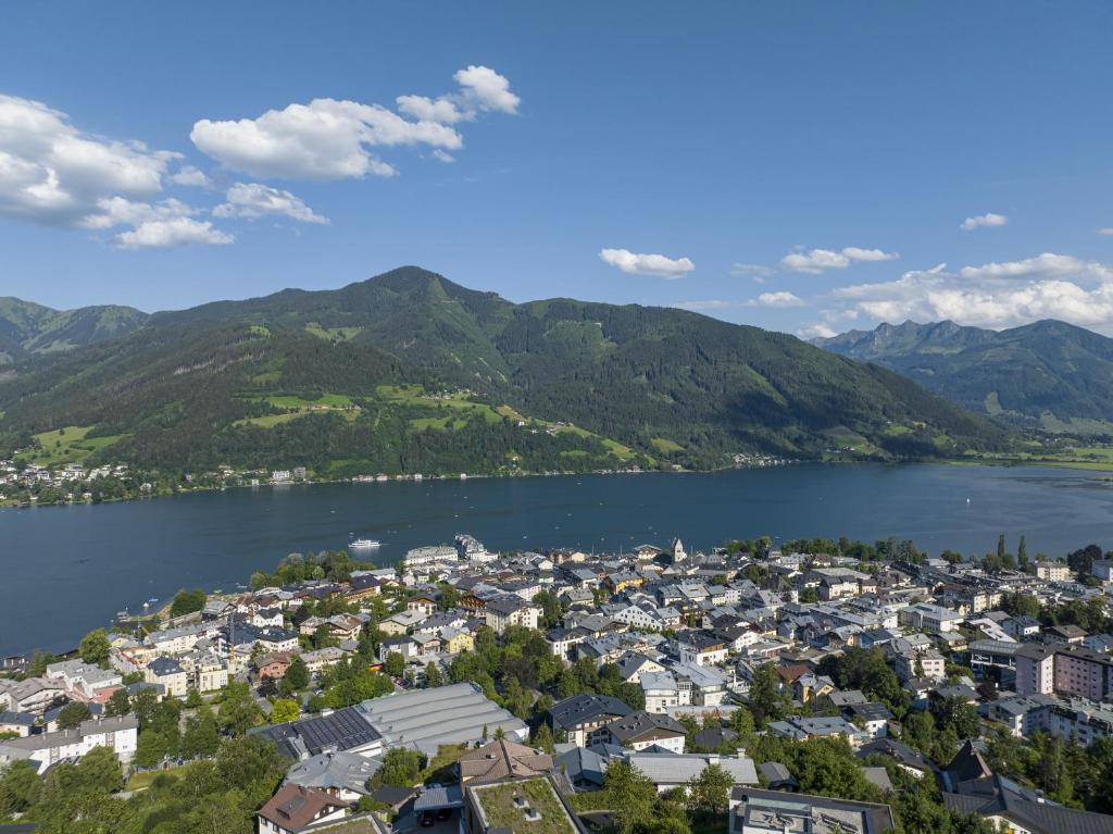 an aerial view of a town next to a lake at Landhaus Gappmaier in Zell am See