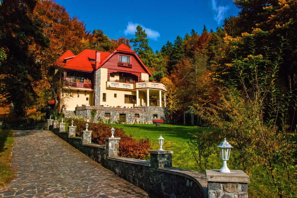 a large house with a red roof on a hill at Pensiunea Boema in Sinaia