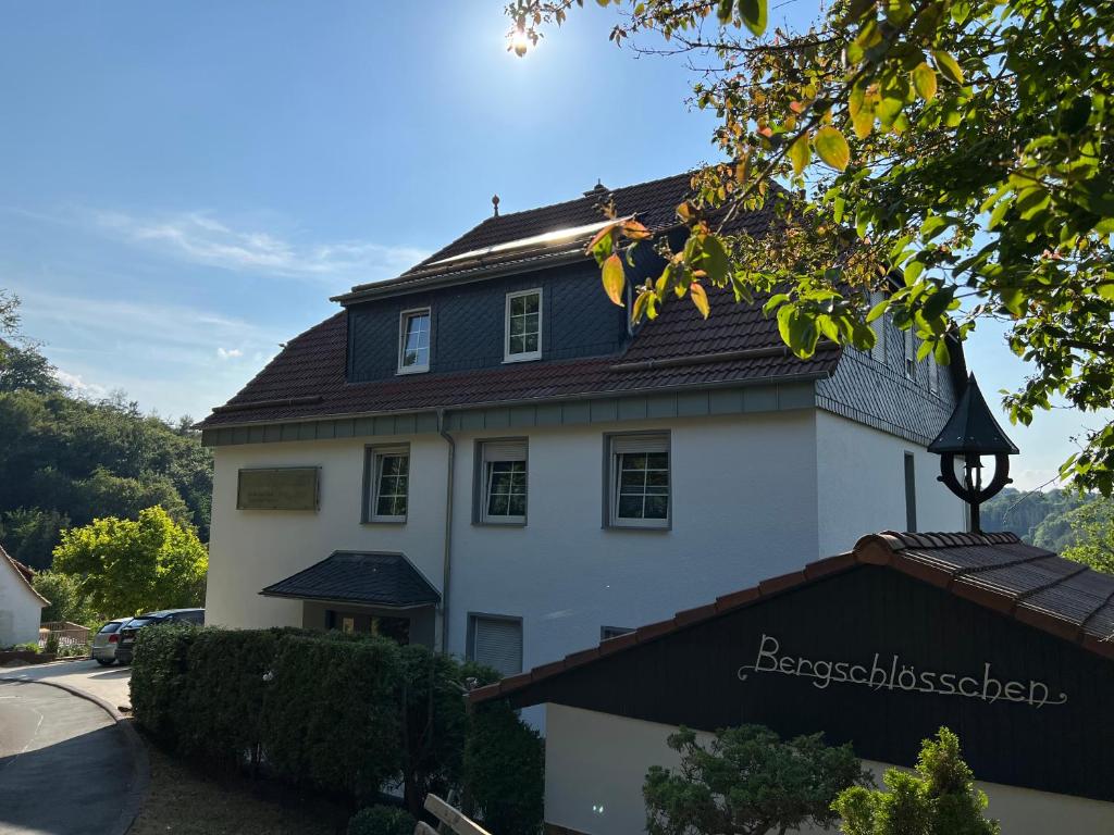 Bergschlösschen Edersee في فالديك: منزل أبيض كبير على سقف أسود