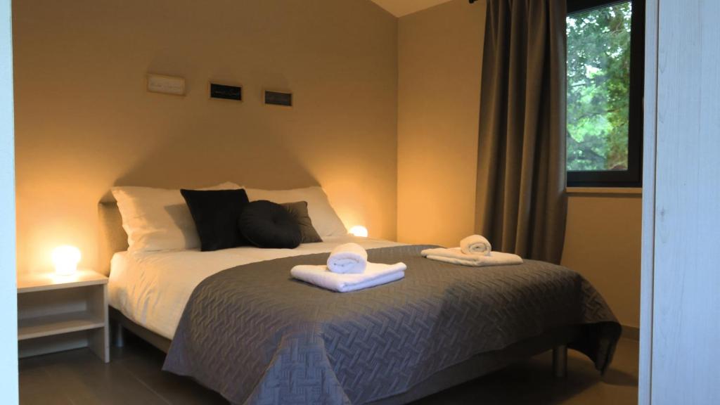 um quarto com uma cama com duas toalhas em Old River Room em Buzet