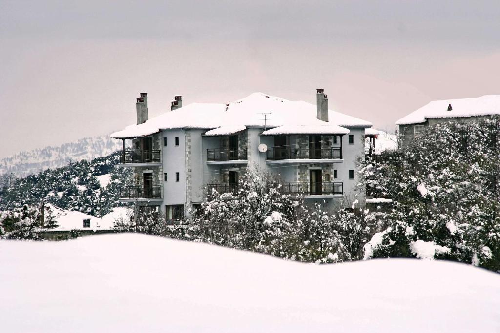 una casa grande con nieve en el techo en Aiora Guesthouse, en Vitina