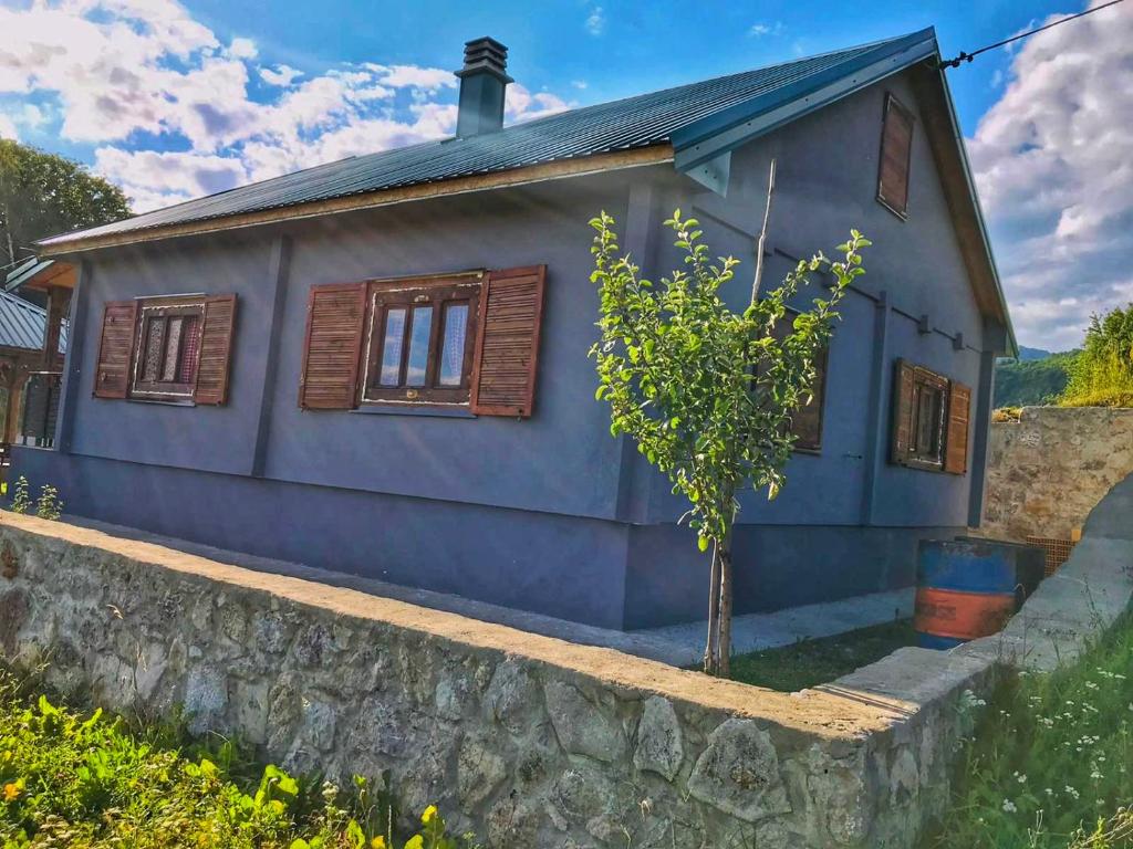 a blue house with a tree in front of it at Vikendica Vlahović in Kolašin