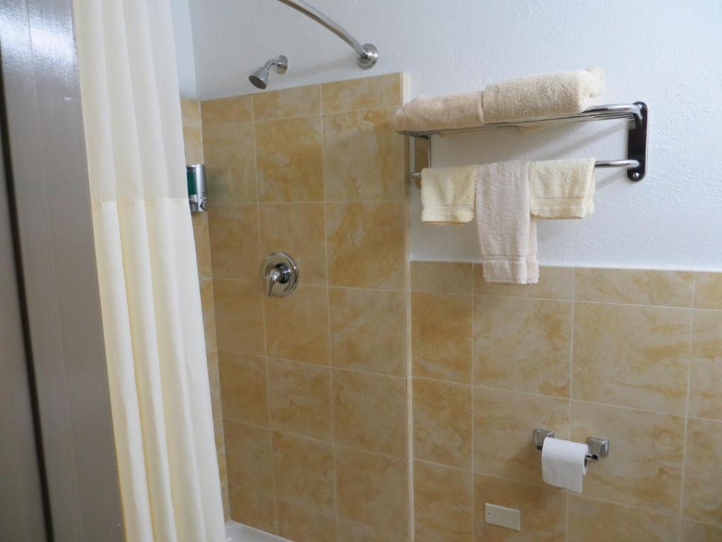 a bathroom with a shower with towels in it at Budget Inn Lake Wales in Lake Wales