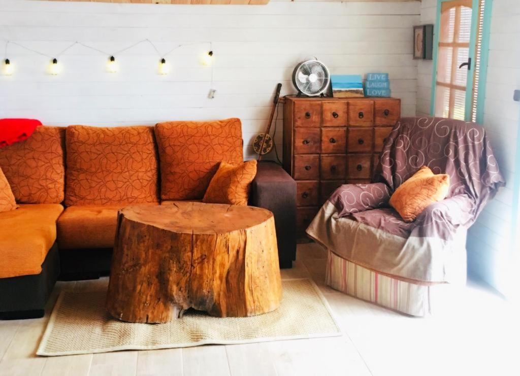 a living room with a couch and a tree stump coffee table at BEAUTIFUL VINTAGE BUNGALOW WIFI PARKING. in Las Galletas