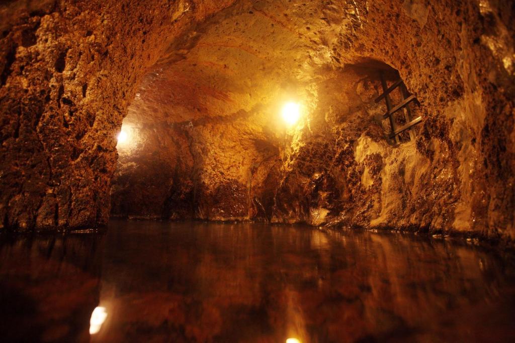 - une grotte avec une rivière et des lumières dans l'établissement Kurokawa Onsen Yama no Yado Shinmeikan, à Minamioguni