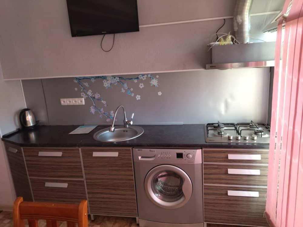 a kitchen with a washing machine and a sink at Hotel Gostinyi Dvor in Bosteri