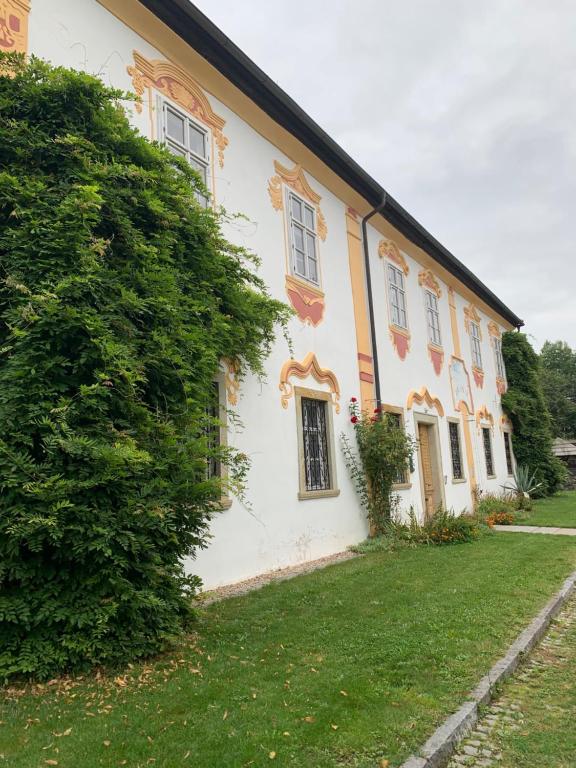 a white building with a large bush next to it at Zámeček Ostrov 