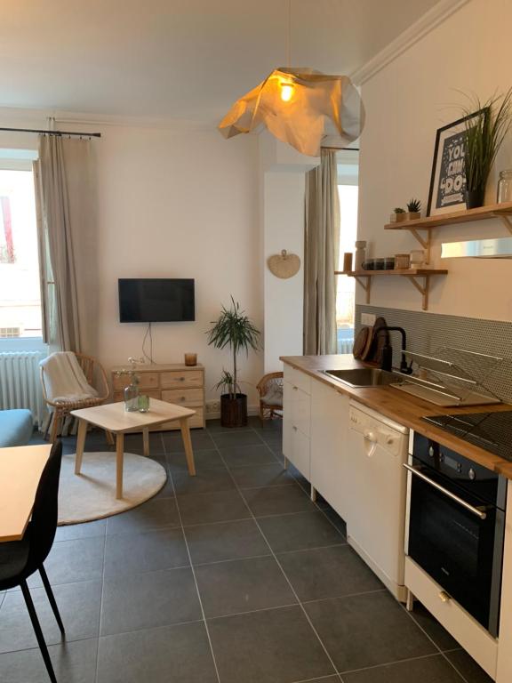 kuchnia i salon z kanapą i stołem w obiekcie Charmant appartement de 120 m2 w mieście Aubenas