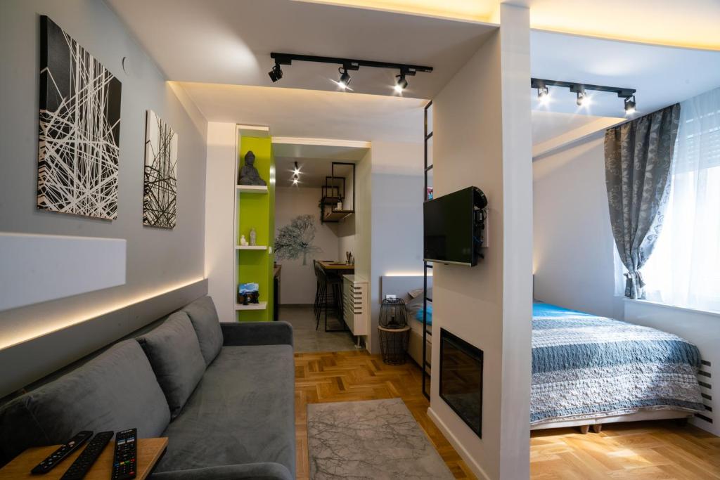 ein Wohnzimmer mit einem Sofa und einem Bett in der Unterkunft Studio apartman Golden Lux in Pale