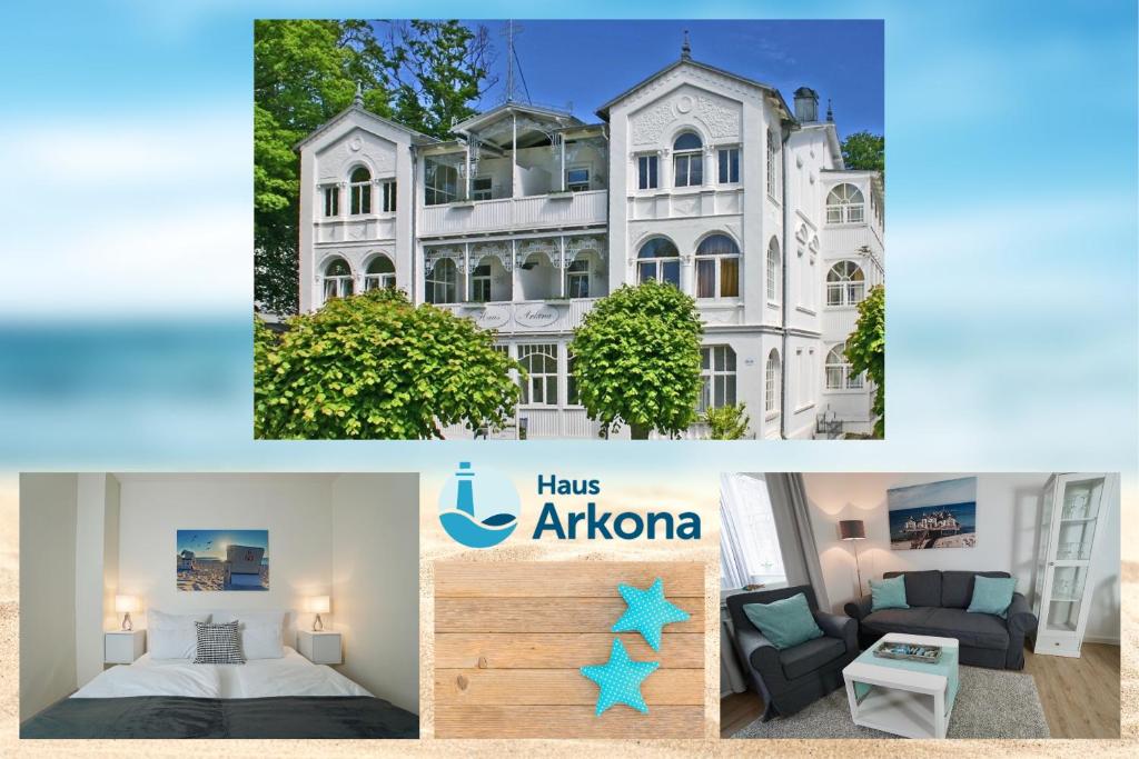 a collage of photos of a white building at MyHome Ruegen - Haus Arkona in Ostseebad Sellin