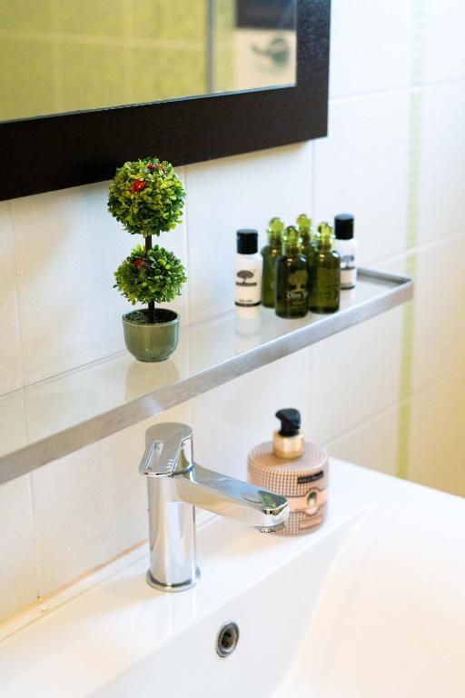 a bathroom sink with a faucet and a plant at 3Aktes Suites & Studios in Syvota