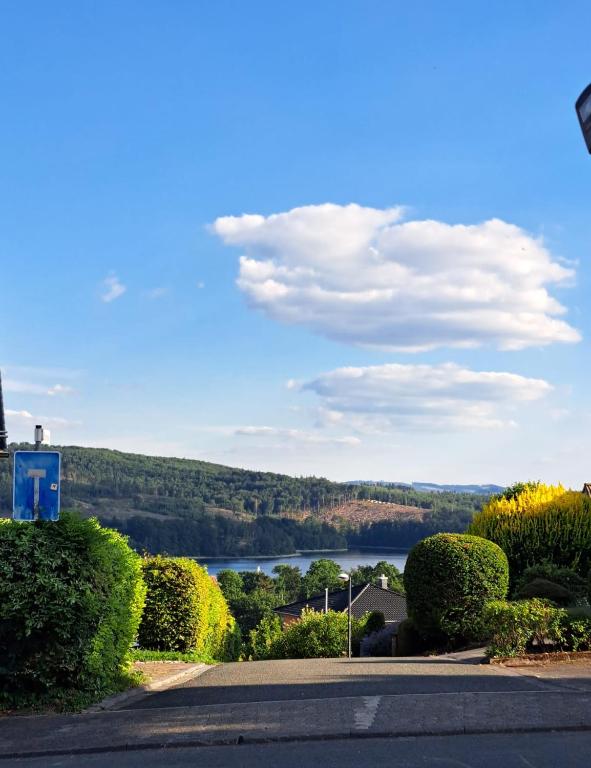 a road with a view of a lake in the distance at Ferienapartment-Barbara in Langscheid