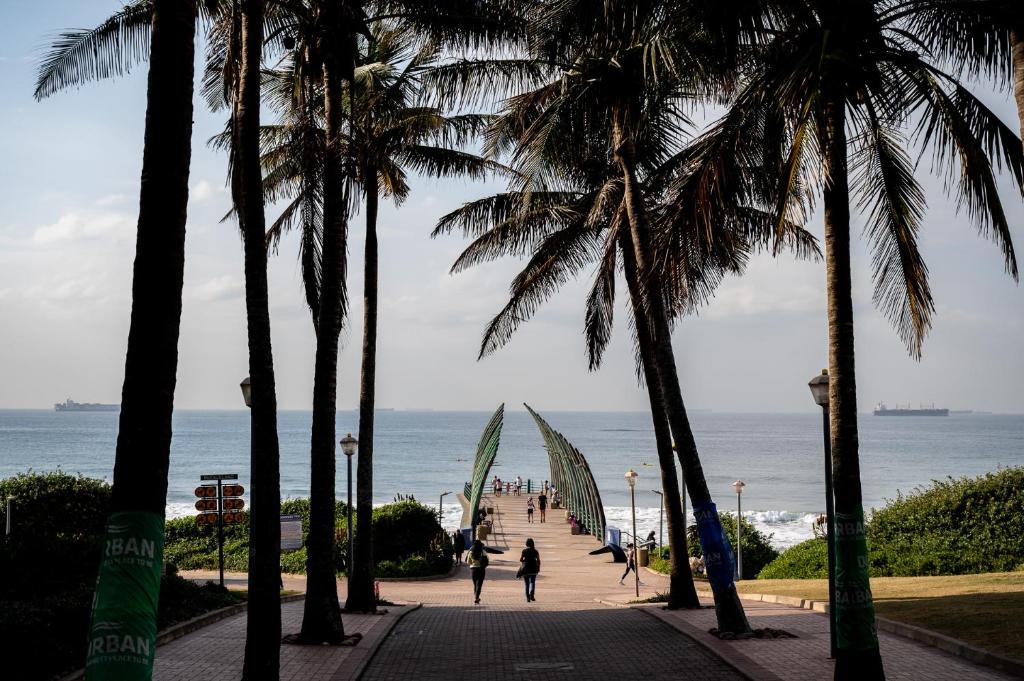 a group of palm trees on a sidewalk near the beach at Oceans Umhlanga Accommodation in Durban