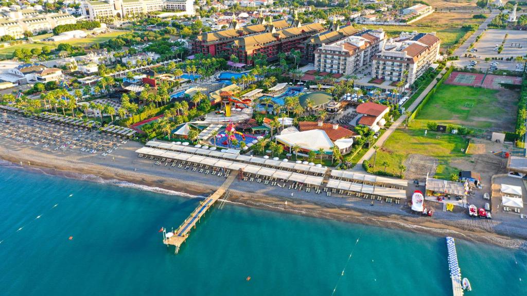 an aerial view of a pier next to the water at Crystal Family Resort & Spa - Ultimate All Inclusive in Belek
