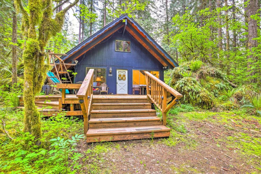 a blue tiny house in the woods with stairs at Peaceful Wooded Cabin By Mt. Baker Ski Area! in Glacier