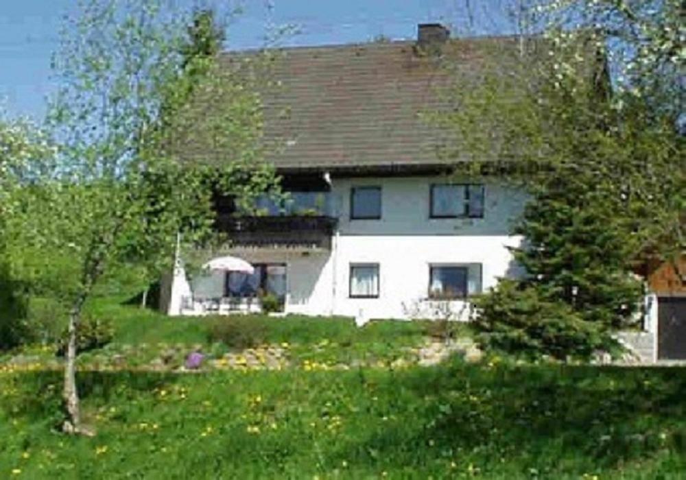 una casa bianca con un cortile alberato e erboso di Haus Janßen-Wehrle a Titisee-Neustadt