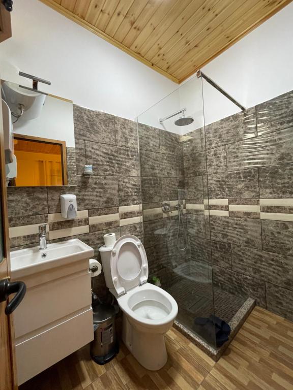 a bathroom with a toilet and a glass shower at Bar Restaurant Hotel ''Te Gusti'' in Tamarë