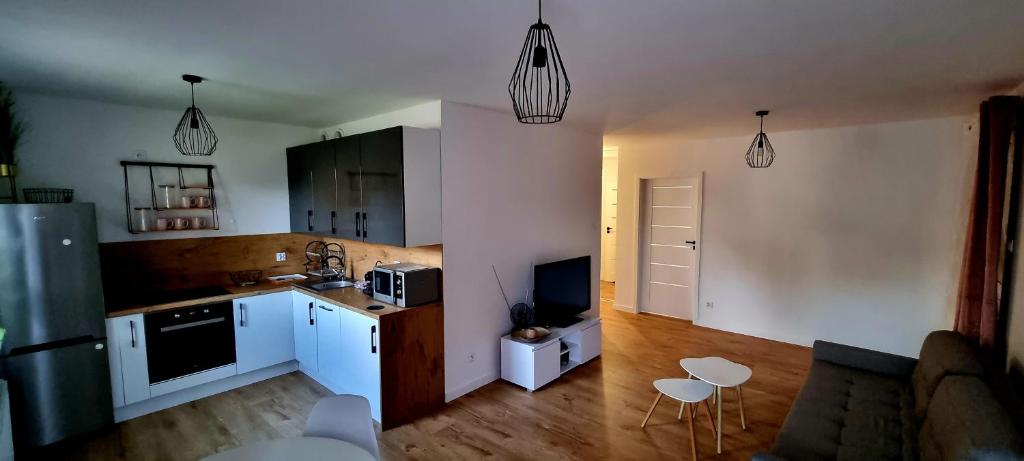 a kitchen with white cabinets and a couch in a room at Apartament Sołtysia Góra in Jelenia Góra