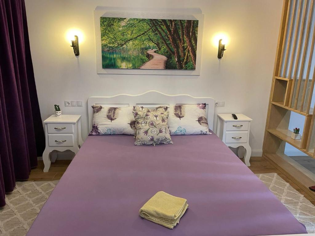 a bedroom with a large bed with purple sheets and pillows at Apartament Gabriela 39 in Baia Mare