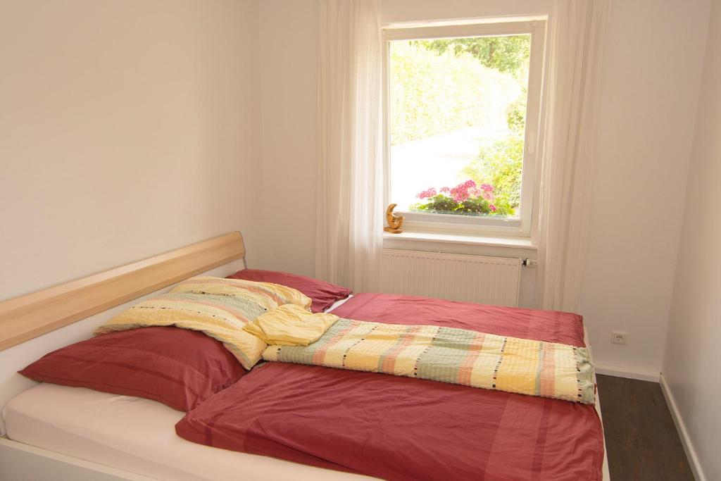 Bett in einem Zimmer mit Fenster in der Unterkunft Ferienwohnung am Sandbarg in Jesteburg