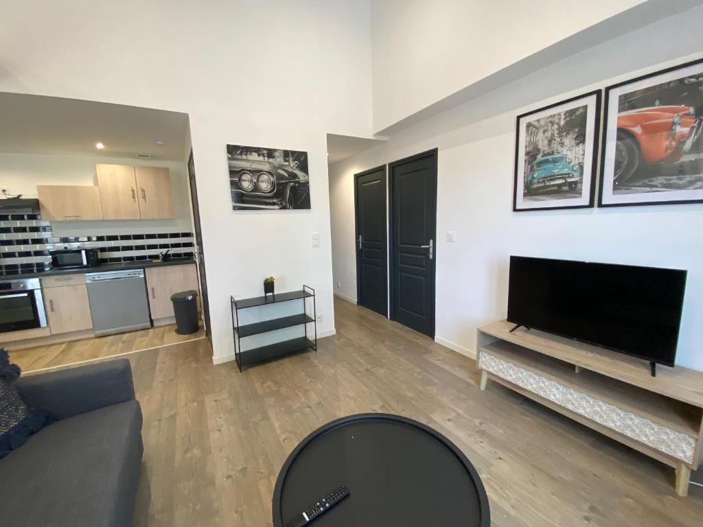 a living room with a couch and a flat screen tv at Appartement confortable et paisible in Loupiac-de-Cadillac