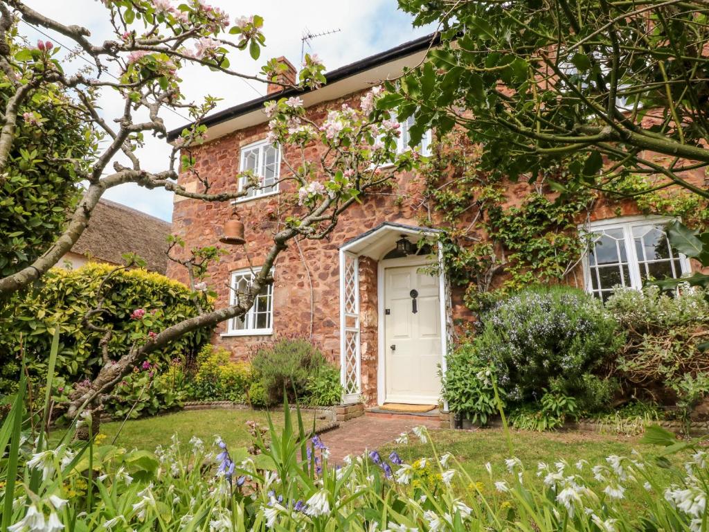 a brick house with a white door at Vine Cottage in Minehead