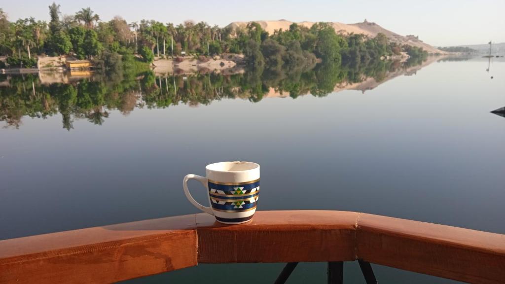a coffee cup sitting on the edge of a railing overlooking a lake at Houseboat Hotel and Nile Cruises Zainoba in Nag` el-Ramla