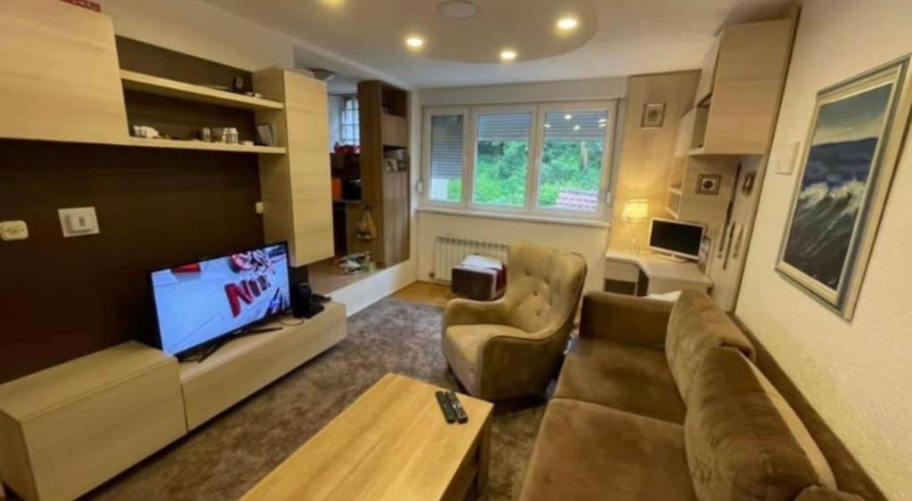 uma sala de estar com um sofá e uma televisão em Apartman Uma em Sarajevo